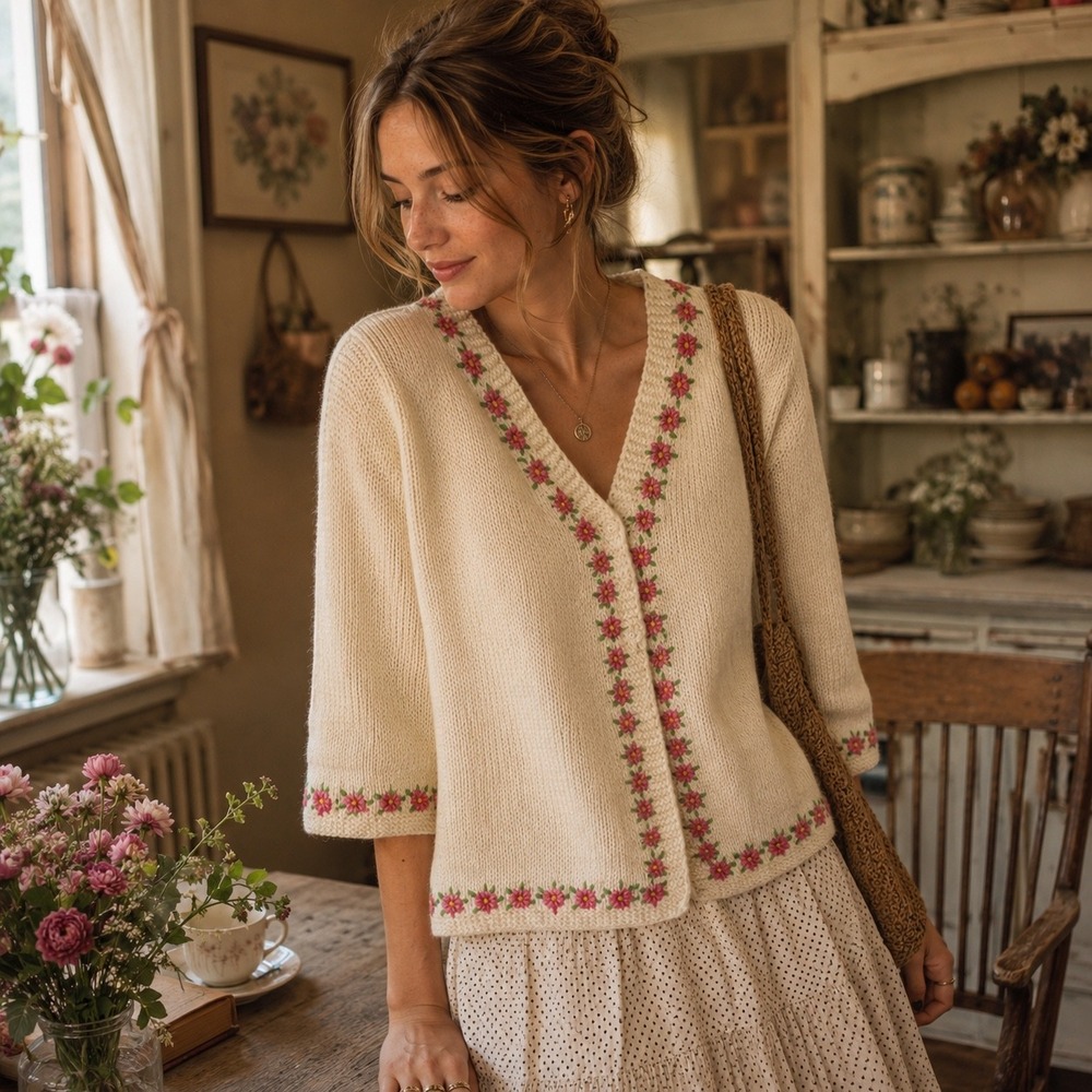 Cream V-Neck Floral Trim Cardigan Sweater